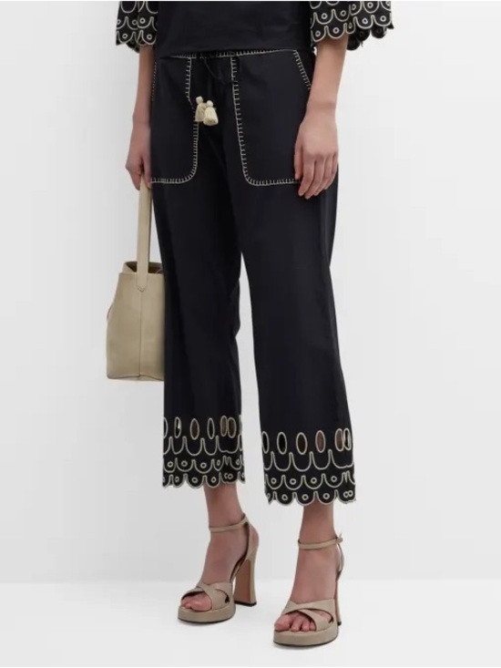 Figue Pants - Figue Jolie Tiered Embroidered Ruffle-Hem Straight-Leg Pull-On Pants M Boho
